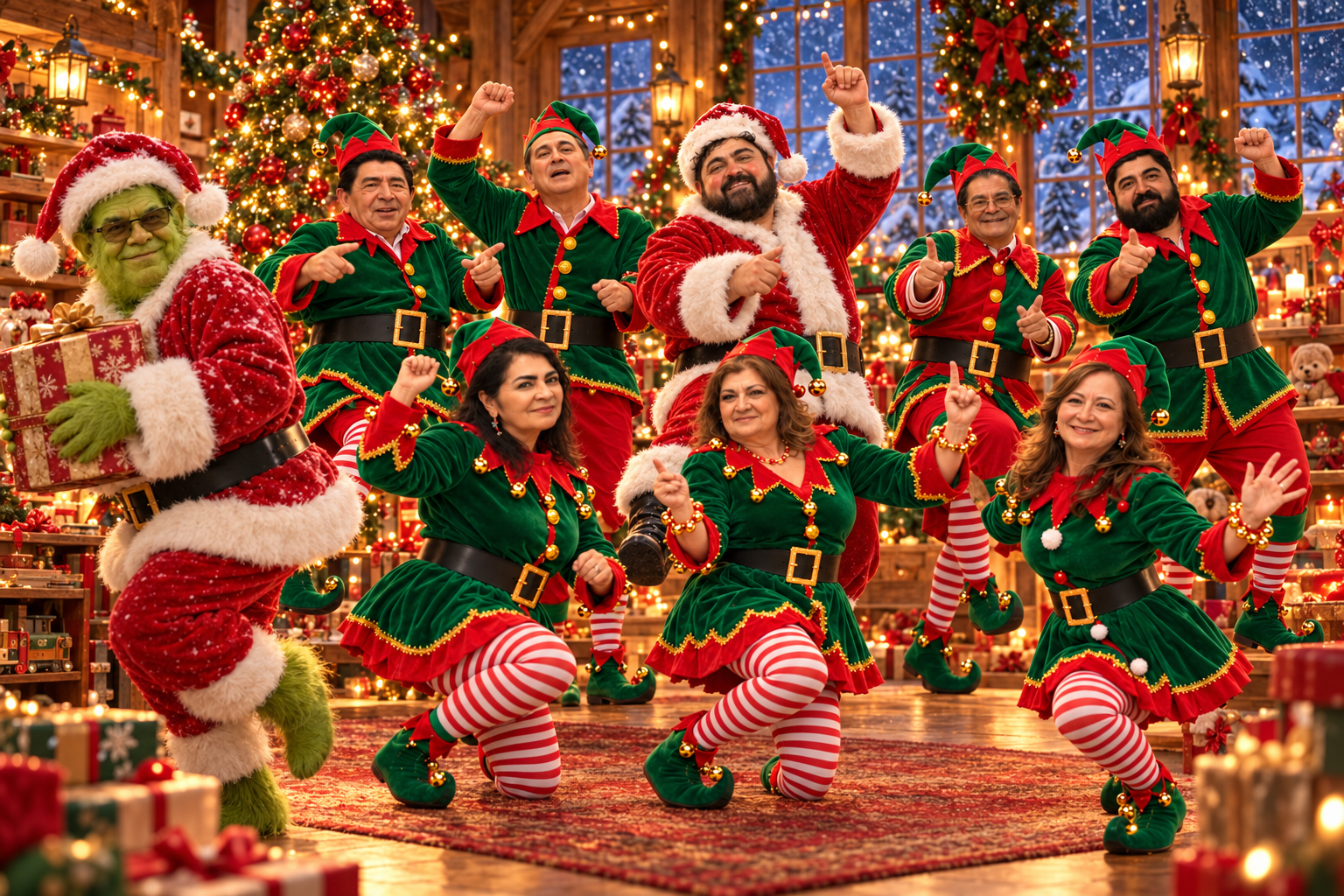Santa y los elfos del Clan Villarespe bailan felices mientras el Grinch se escapa con un regalo