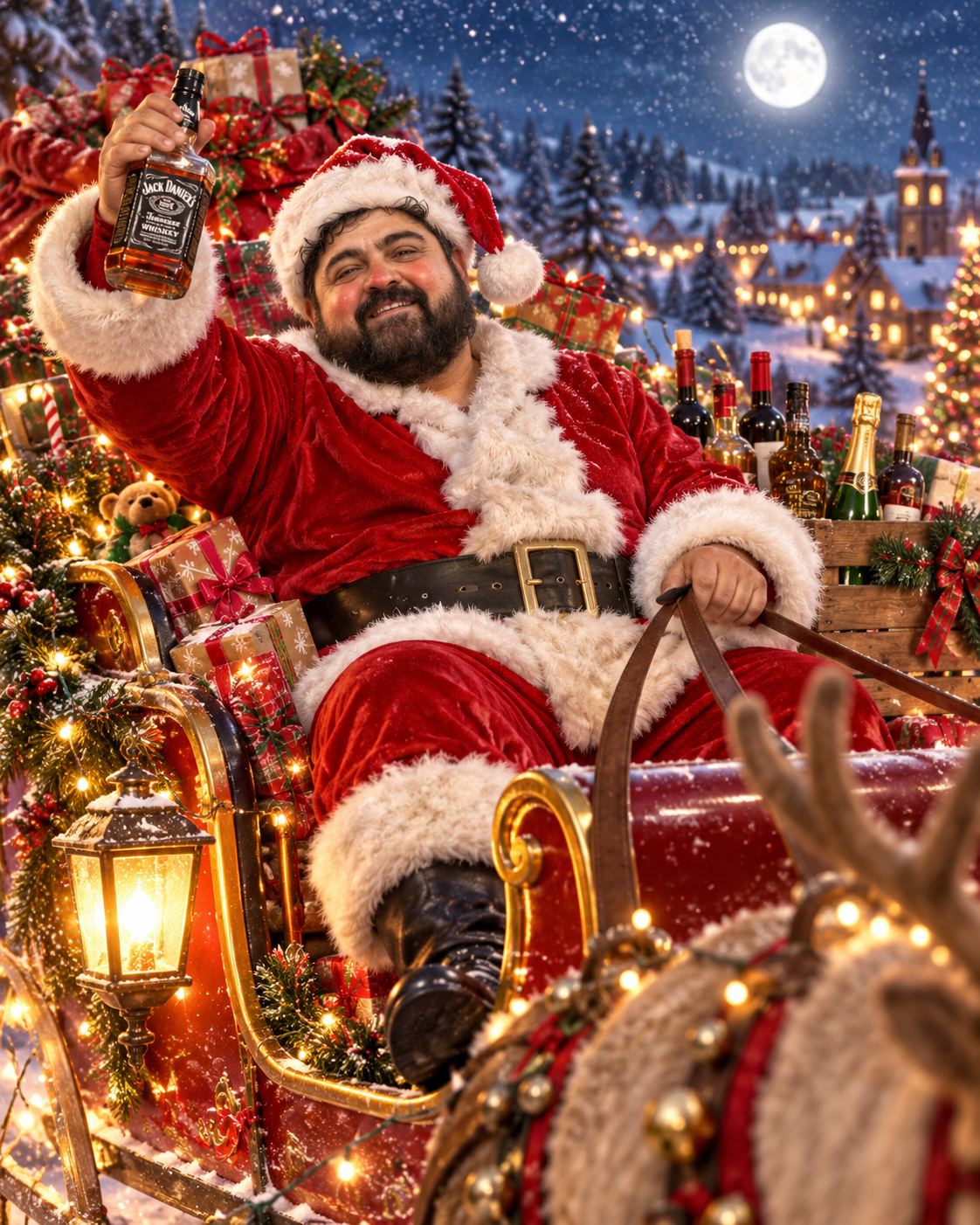 Santa celebrando en un trineo iluminado bajo la nieve